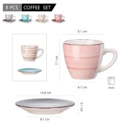 6.5 Oz. Beige Gray Pink Turquoise Stoneware Coffee Cups And Coffee Saucers Set (Set Of 8) Coffee Service Set For 4 -Vancasso Shop vancasso coffee cups mugs vc bella bkf b c3 1000