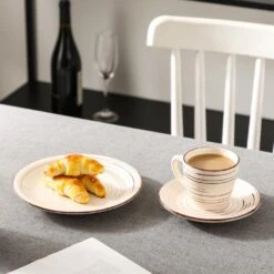 6.5 Oz. Beige Gray Pink Turquoise Stoneware Coffee Cups And Coffee Saucers Set (Set Of 8) Coffee Service Set For 4 -Vancasso Shop vancasso coffee cups mugs vc bella bkf b d4 1000