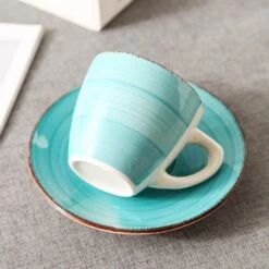 6.5 Oz. Beige Gray Pink Turquoise Stoneware Coffee Cups And Coffee Saucers Set (Set Of 8) Coffee Service Set For 4 -Vancasso Shop vancasso coffee cups mugs vc bella bkf b fa 1000