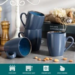 13 Oz. Blue Stoneware Mugs Set Of 4 Coffee Mug Set Cafe Latte Tea Drinking Cups -Vancasso Shop vancasso coffee cups mugs vc bubble b sbz 1f 1000