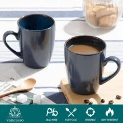 13 Oz. Blue Stoneware Mugs Set Of 4 Coffee Mug Set Cafe Latte Tea Drinking Cups -Vancasso Shop vancasso coffee cups mugs vc bubble b sbz 4f 1000