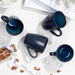 13 Oz. Blue Stoneware Mugs Set Of 4 Coffee Mug Set Cafe Latte Tea Drinking Cups -Vancasso Shop vancasso coffee cups mugs vc bubble b sbz 76 1000