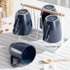 13 Oz. Blue Stoneware Mugs Set Of 4 Coffee Mug Set Cafe Latte Tea Drinking Cups -Vancasso Shop vancasso coffee cups mugs vc bubble b sbz fa 1000