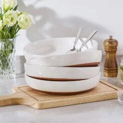 48 Fl. Oz. White And Khaki Stoneware Pasta Bowls Set Of 4 Soup Bowls Salad Bowls -Vancasso Shop white and khaki vancasso bowls tara 4pb 76 1000