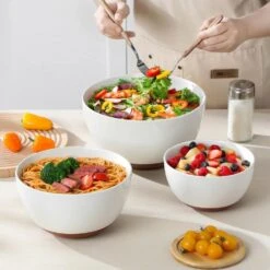 46 Fl. Oz. 80 Fl. Oz. 140 Fl. Oz. White And Khaki Stoneware Mixing Bowls Set Of 3 Salad Bowl Pasta Bowl Cereal Bowl -Vancasso Shop white and khaki vancasso bowls tara mxb 01 31 1000