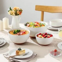 46 Fl. Oz. 80 Fl. Oz. 140 Fl. Oz. White And Khaki Stoneware Mixing Bowls Set Of 3 Salad Bowl Pasta Bowl Cereal Bowl -Vancasso Shop white and khaki vancasso bowls tara mxb 01 44 1000