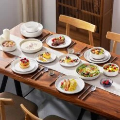 16-Piece White And Khaki Stoneware Dinnerware Set Service For 4 Bowls And Plates Dining Set Tableware -Vancasso Shop white and khaki vancasso dinnerware sets tara h16 1f 1000