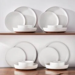 16-Piece White And Khaki Stoneware Dinnerware Set Service For 4 Bowls And Plates Dining Set Tableware -Vancasso Shop white and khaki vancasso dinnerware sets tara h16 76 1000
