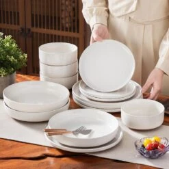 16-Piece White And Khaki Stoneware Dinnerware Set Service For 4 Bowls And Plates Dining Set Tableware -Vancasso Shop white and khaki vancasso dinnerware sets tara h16 a0 1000