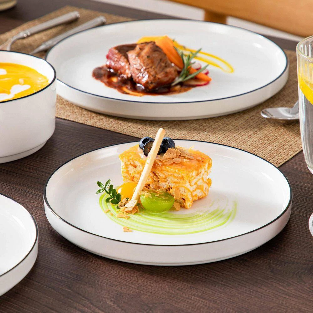 18-Piece White Black Rim Porcelain Dinnerware Set Service For 6 Tableware With Dinner Plates Dessert Plates And Bowls 5 18-Piece White Black Rim Porcelain Dinnerware Set Service For 6 Tableware With Dinner Plates Dessert Plates And Bowls - Image 3