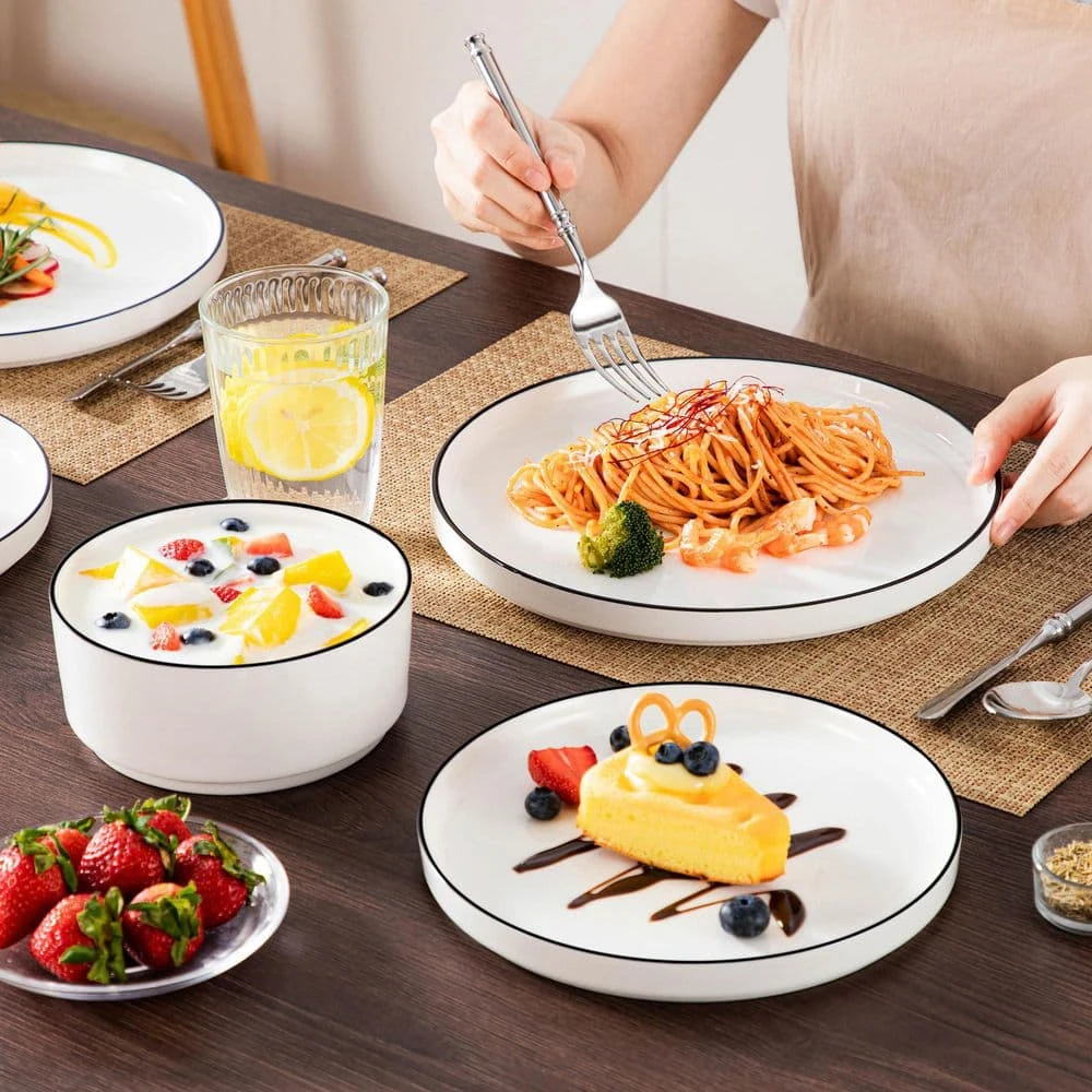 18-Piece White Black Rim Porcelain Dinnerware Set Service For 6 Tableware With Dinner Plates Dessert Plates And Bowls 14 18-Piece White Black Rim Porcelain Dinnerware Set Service For 6 Tableware With Dinner Plates Dessert Plates And Bowls - Image 12