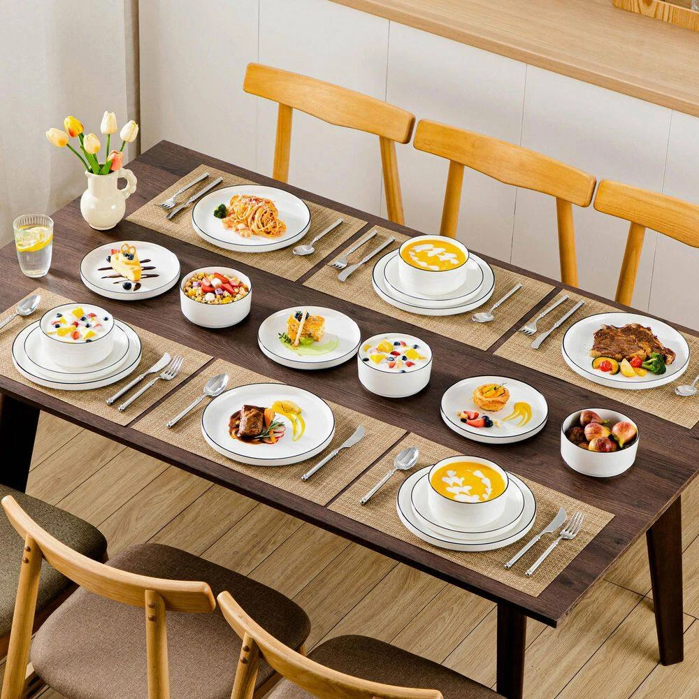 18-Piece White Black Rim Porcelain Dinnerware Set Service For 6 Tableware With Dinner Plates Dessert Plates And Bowls 8 18-Piece White Black Rim Porcelain Dinnerware Set Service For 6 Tableware With Dinner Plates Dessert Plates And Bowls - Image 6