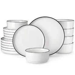 18-Piece White Black Rim Porcelain Dinnerware Set Service For 6 Tableware With Dinner Plates Dessert Plates And Bowls