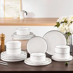 18-Piece White Black Rim Porcelain Dinnerware Set Service For 6 Tableware With Dinner Plates Dessert Plates And Bowls 23 18-Piece White Black Rim Porcelain Dinnerware Set Service For 6 Tableware With Dinner Plates Dessert Plates And Bowls -Vancasso Shop white black rim vancasso dinnerware sets leah 18 bt 76 1000