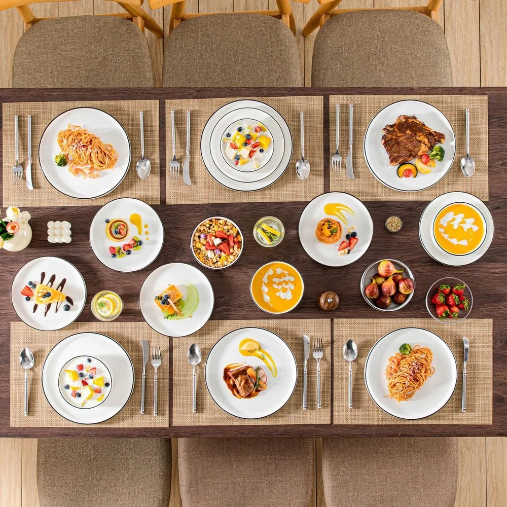 18-Piece White Black Rim Porcelain Dinnerware Set Service For 6 Tableware With Dinner Plates Dessert Plates And Bowls 4 18-Piece White Black Rim Porcelain Dinnerware Set Service For 6 Tableware With Dinner Plates Dessert Plates And Bowls - Image 2