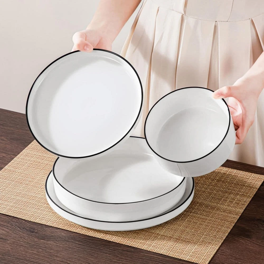 24-Piece White Color Black Rim Porcelain Dinnerware Set Service For 6 Tableware Bowls And Plates Dinner Set 5 24-Piece White Color Black Rim Porcelain Dinnerware Set Service For 6 Tableware Bowls And Plates Dinner Set - Image 3