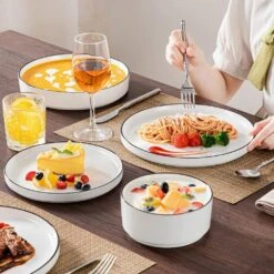 24-Piece White Color Black Rim Porcelain Dinnerware Set Service For 6 Tableware Bowls And Plates Dinner Set 20 24-Piece White Color Black Rim Porcelain Dinnerware Set Service For 6 Tableware Bowls And Plates Dinner Set -Vancasso Shop white black rim vancasso dinnerware sets leah 24 bt 1f 1000