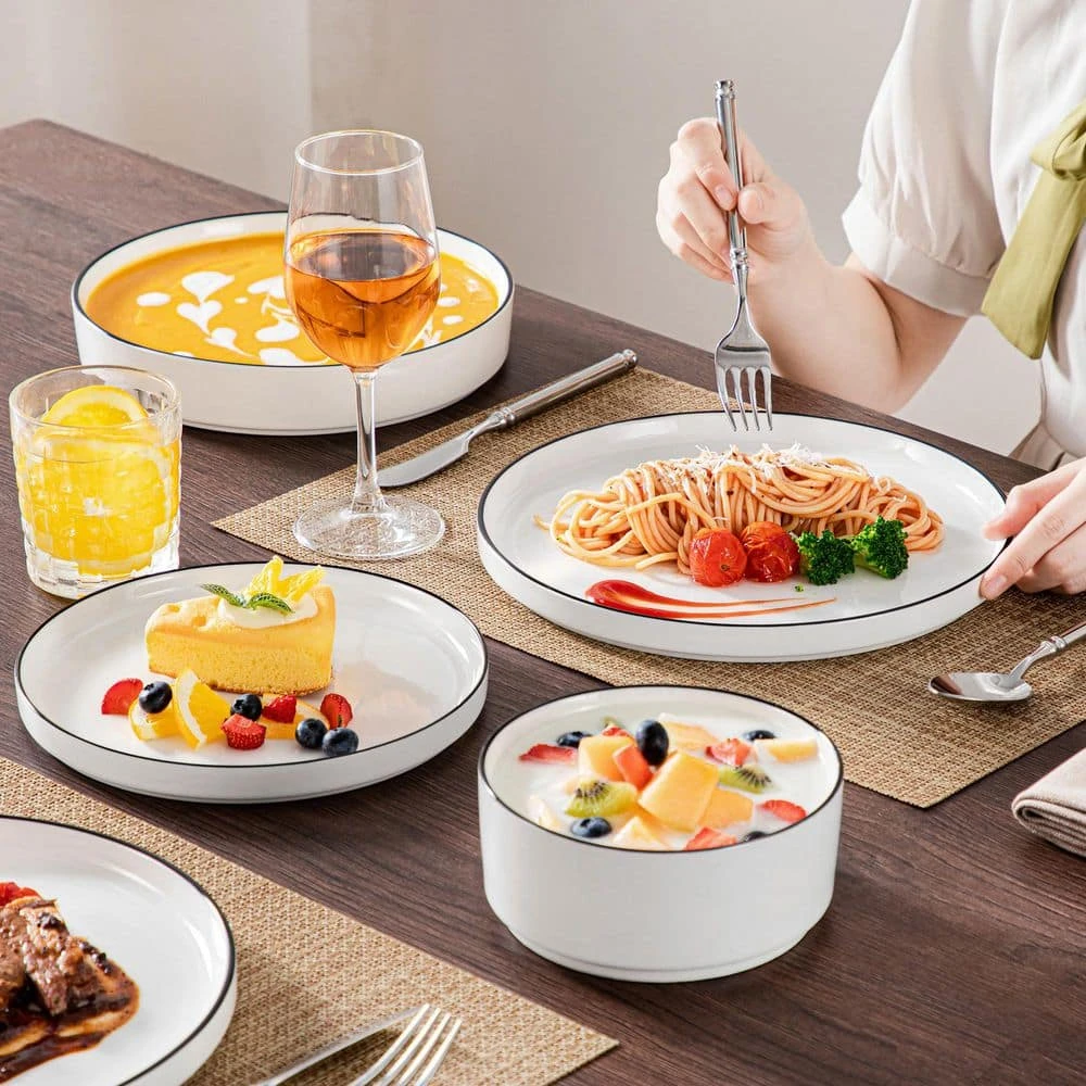 24-Piece White Color Black Rim Porcelain Dinnerware Set Service For 6 Tableware Bowls And Plates Dinner Set 9 24-Piece White Color Black Rim Porcelain Dinnerware Set Service For 6 Tableware Bowls And Plates Dinner Set - Image 7