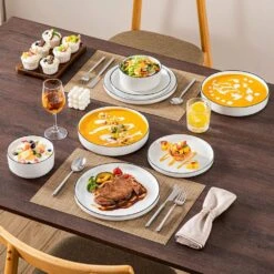 24-Piece White Color Black Rim Porcelain Dinnerware Set Service For 6 Tableware Bowls And Plates Dinner Set 25 24-Piece White Color Black Rim Porcelain Dinnerware Set Service For 6 Tableware Bowls And Plates Dinner Set -Vancasso Shop white black rim vancasso dinnerware sets leah 24 bt 31 1000