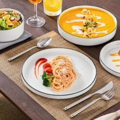 24-Piece White Color Black Rim Porcelain Dinnerware Set Service For 6 Tableware Bowls And Plates Dinner Set 21 24-Piece White Color Black Rim Porcelain Dinnerware Set Service For 6 Tableware Bowls And Plates Dinner Set -Vancasso Shop white black rim vancasso dinnerware sets leah 24 bt 44 1000
