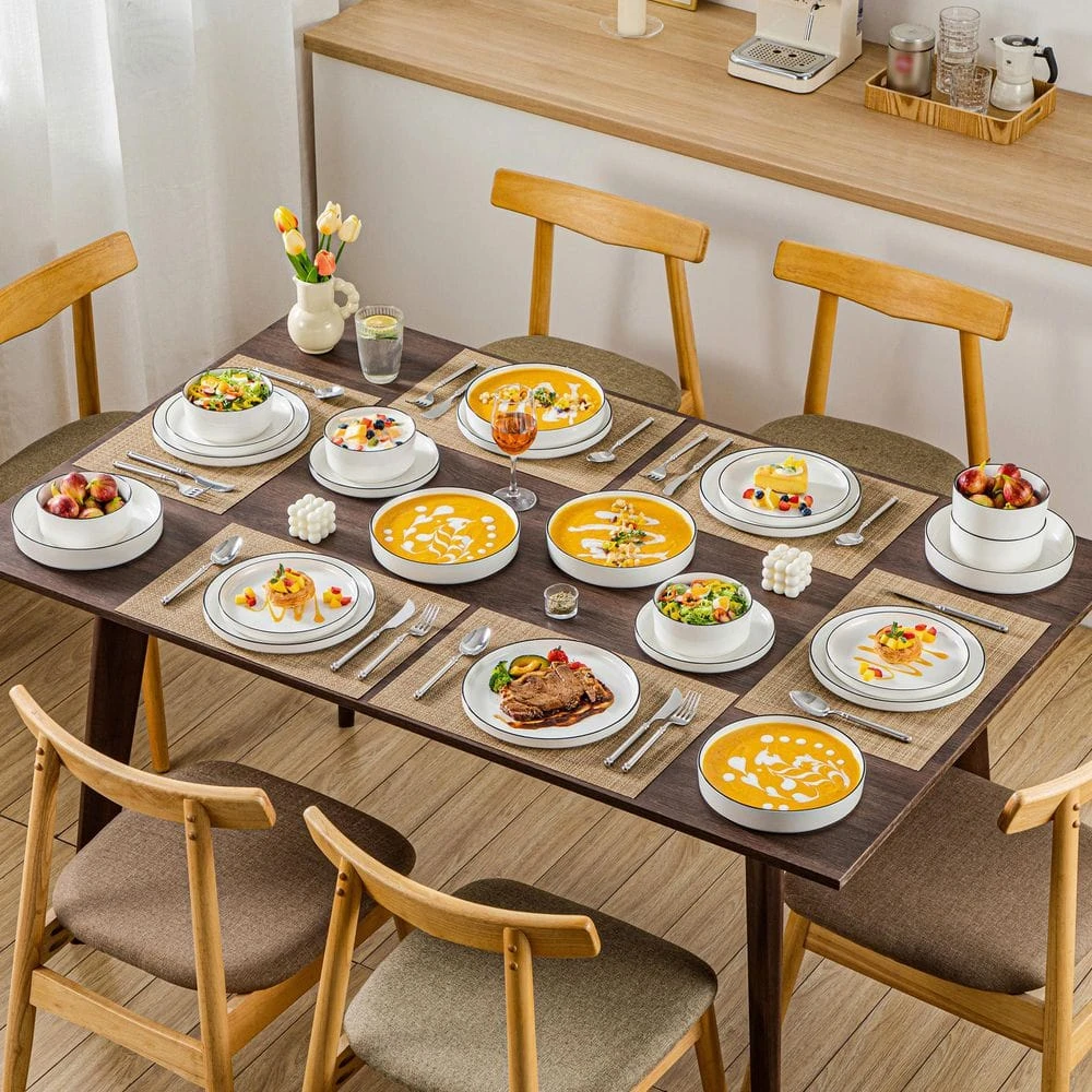 24-Piece White Color Black Rim Porcelain Dinnerware Set Service For 6 Tableware Bowls And Plates Dinner Set 8 24-Piece White Color Black Rim Porcelain Dinnerware Set Service For 6 Tableware Bowls And Plates Dinner Set - Image 6