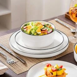 24-Piece White Color Black Rim Porcelain Dinnerware Set Service For 6 Tableware Bowls And Plates Dinner Set 17 24-Piece White Color Black Rim Porcelain Dinnerware Set Service For 6 Tableware Bowls And Plates Dinner Set -Vancasso Shop white black rim vancasso dinnerware sets leah 24 bt 66 1000