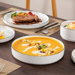 24-Piece White Color Black Rim Porcelain Dinnerware Set Service For 6 Tableware Bowls And Plates Dinner Set 23 24-Piece White Color Black Rim Porcelain Dinnerware Set Service For 6 Tableware Bowls And Plates Dinner Set -Vancasso Shop white black rim vancasso dinnerware sets leah 24 bt 76 1000