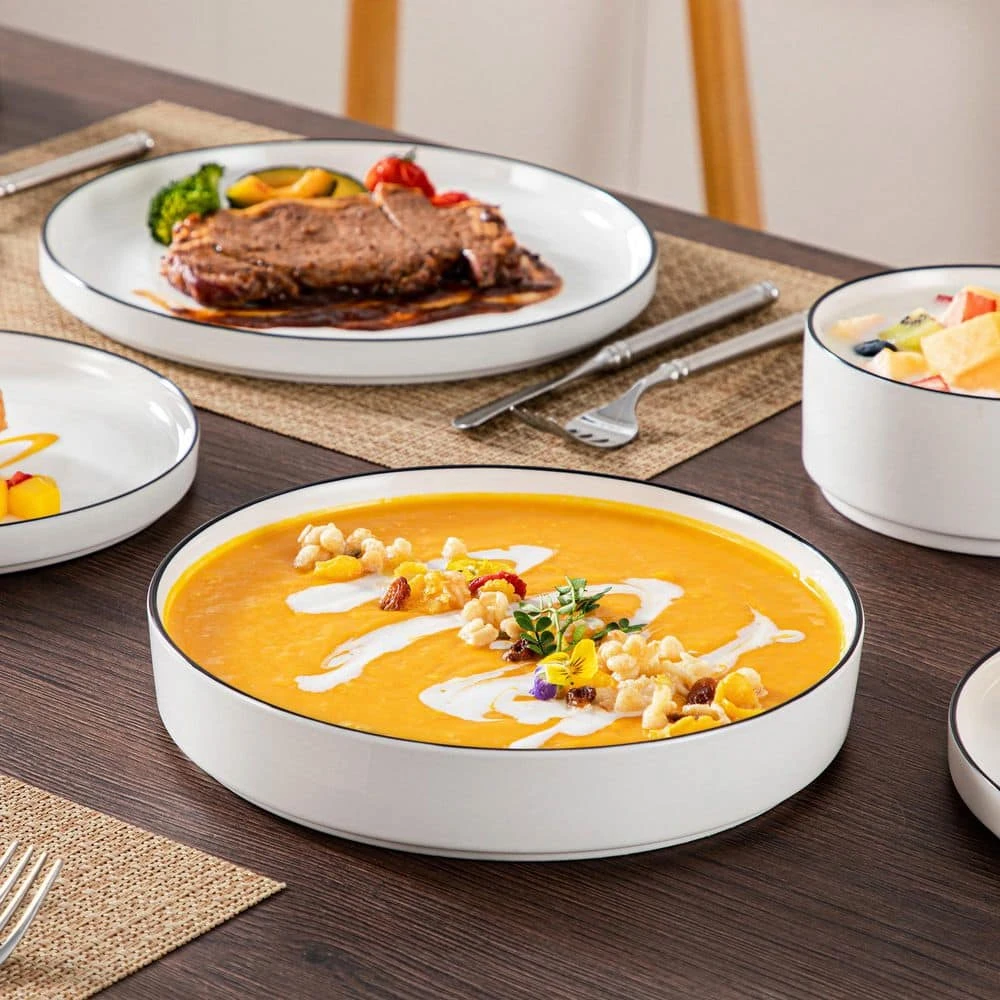 24-Piece White Color Black Rim Porcelain Dinnerware Set Service For 6 Tableware Bowls And Plates Dinner Set 12 24-Piece White Color Black Rim Porcelain Dinnerware Set Service For 6 Tableware Bowls And Plates Dinner Set - Image 10