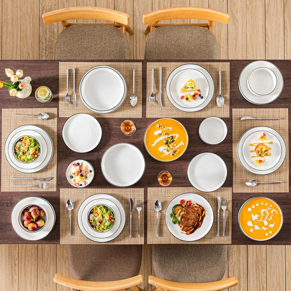 24-Piece White Color Black Rim Porcelain Dinnerware Set Service For 6 Tableware Bowls And Plates Dinner Set 4 24-Piece White Color Black Rim Porcelain Dinnerware Set Service For 6 Tableware Bowls And Plates Dinner Set - Image 2