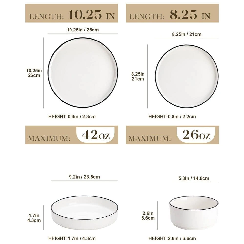 24-Piece White Color Black Rim Porcelain Dinnerware Set Service For 6 Tableware Bowls And Plates Dinner Set 7 24-Piece White Color Black Rim Porcelain Dinnerware Set Service For 6 Tableware Bowls And Plates Dinner Set - Image 5