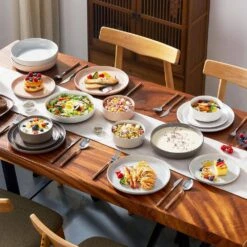 16-Piece Multicolored Stoneware Dinnerware Set Service For 4 Bowls And Plates Dining Set Tableware -Vancasso Shop white dark gray light gray pink vancasso dinnerware sets tara h16 m 1f 1000