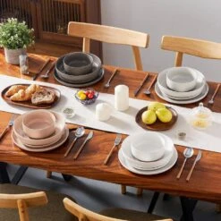 16-Piece Multicolored Stoneware Dinnerware Set Service For 4 Bowls And Plates Dining Set Tableware -Vancasso Shop white dark gray light gray pink vancasso dinnerware sets tara h16 m 4f 1000