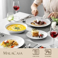 18-Piece White Gourmet Porcelain Dinnerware Set Service For 6-Dining Set With Dinner Plates Dessert Plates Soup Plates -Vancasso Shop white vancasso dinnerware sets amelia 18 4f 1000