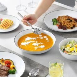 24-Piece Black Rim White Gourmet Porcelain Dinnerware Set Service For 6-Bowls And Plates Set Round Tableware Set -Vancasso Shop white vancasso dinnerware sets amelia 24 bt 31 1000