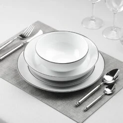 24-Piece Black Rim White Gourmet Porcelain Dinnerware Set Service For 6-Bowls And Plates Set Round Tableware Set -Vancasso Shop white vancasso dinnerware sets amelia 24 bt 44 1000