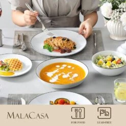 24-Piece Black Rim White Gourmet Porcelain Dinnerware Set Service For 6-Bowls And Plates Set Round Tableware Set -Vancasso Shop white vancasso dinnerware sets amelia 24 bt 4f 1000