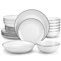 24-Piece Black Rim White Gourmet Porcelain Dinnerware Set Service For 6-Bowls And Plates Set Round Tableware Set
