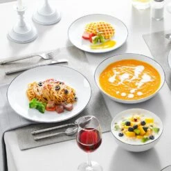 24-Piece Black Rim White Gourmet Porcelain Dinnerware Set Service For 6-Bowls And Plates Set Round Tableware Set -Vancasso Shop white vancasso dinnerware sets amelia 24 bt 66 1000