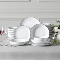 24-Piece Black Rim White Gourmet Porcelain Dinnerware Set Service For 6-Bowls And Plates Set Round Tableware Set -Vancasso Shop white vancasso dinnerware sets amelia 24 bt 76 1000