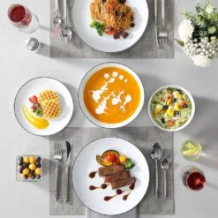 24-Piece Black Rim White Gourmet Porcelain Dinnerware Set Service For 6-Bowls And Plates Set Round Tableware Set -Vancasso Shop white vancasso dinnerware sets amelia 24 bt fa 1000