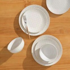 12-Piece White Stoneware Dinnerware Set Service For 4-Embossed Pattern Tableware Round Bowls And Plates Set 22 12-Piece White Stoneware Dinnerware Set Service For 4-Embossed Pattern Tableware Round Bowls And Plates Set -Vancasso Shop white vancasso dinnerware sets lydia 12 1d 1000