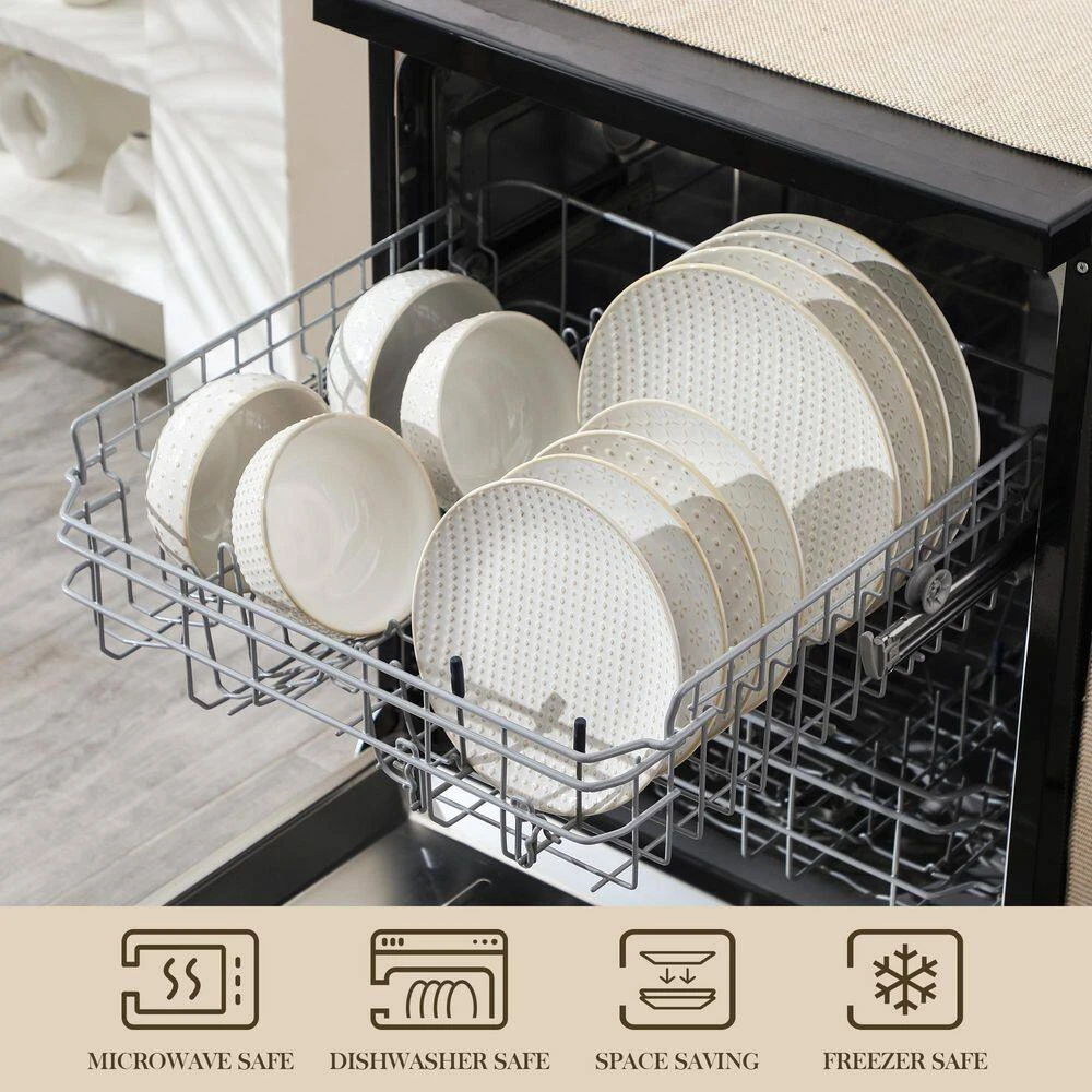 12-Piece White Stoneware Dinnerware Set Service For 4-Embossed Pattern Tableware Round Bowls And Plates Set 12 12-Piece White Stoneware Dinnerware Set Service For 4-Embossed Pattern Tableware Round Bowls And Plates Set - Image 10