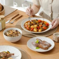 12-Piece White Stoneware Dinnerware Set Service For 4-Embossed Pattern Tableware Round Bowls And Plates Set 32 12-Piece White Stoneware Dinnerware Set Service For 4-Embossed Pattern Tableware Round Bowls And Plates Set -Vancasso Shop white vancasso dinnerware sets lydia 12 31 1000