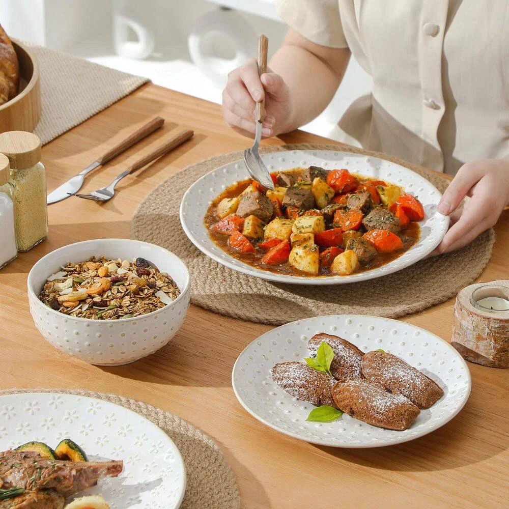 12-Piece White Stoneware Dinnerware Set Service For 4-Embossed Pattern Tableware Round Bowls And Plates Set 17 12-Piece White Stoneware Dinnerware Set Service For 4-Embossed Pattern Tableware Round Bowls And Plates Set - Image 15