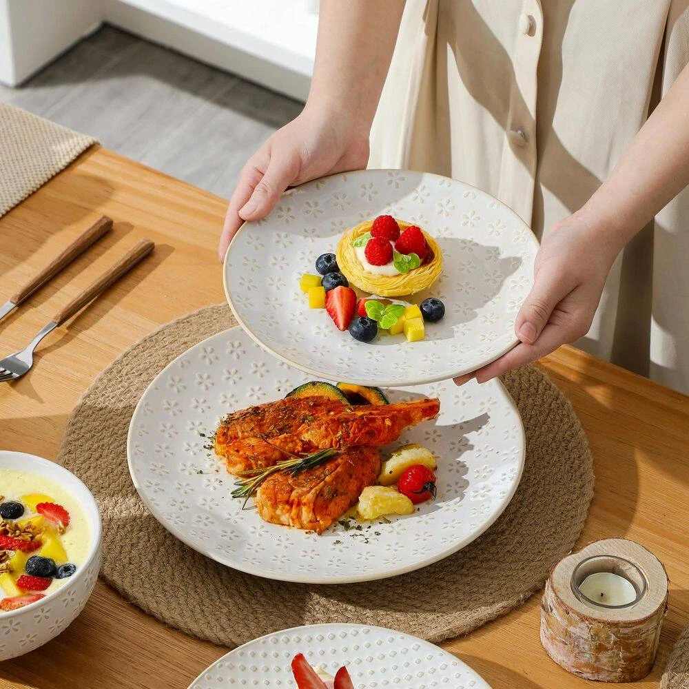 12-Piece White Stoneware Dinnerware Set Service For 4-Embossed Pattern Tableware Round Bowls And Plates Set 5 12-Piece White Stoneware Dinnerware Set Service For 4-Embossed Pattern Tableware Round Bowls And Plates Set - Image 3