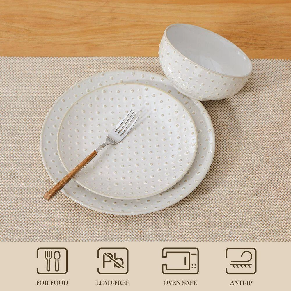 12-Piece White Stoneware Dinnerware Set Service For 4-Embossed Pattern Tableware Round Bowls And Plates Set 11 12-Piece White Stoneware Dinnerware Set Service For 4-Embossed Pattern Tableware Round Bowls And Plates Set - Image 9