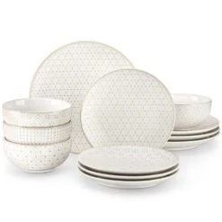12-Piece White Stoneware Dinnerware Set Service For 4-Embossed Pattern Tableware Round Bowls And Plates Set