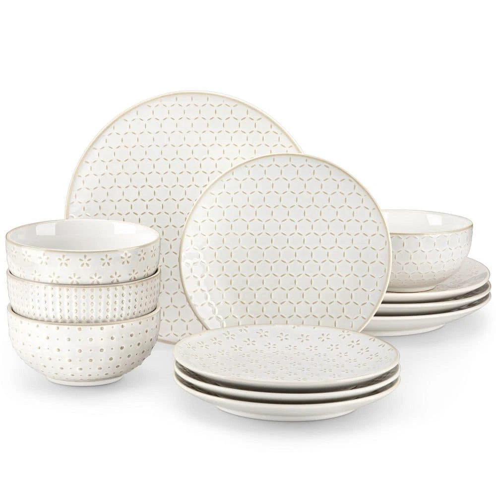 12-Piece White Stoneware Dinnerware Set Service For 4-Embossed Pattern Tableware Round Bowls And Plates Set 3 12-Piece White Stoneware Dinnerware Set Service For 4-Embossed Pattern Tableware Round Bowls And Plates Set
