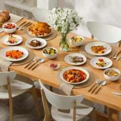 12-Piece White Stoneware Dinnerware Set Service For 4-Embossed Pattern Tableware Round Bowls And Plates Set 23 12-Piece White Stoneware Dinnerware Set Service For 4-Embossed Pattern Tableware Round Bowls And Plates Set -Vancasso Shop white vancasso dinnerware sets lydia 12 66 1000