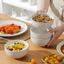 12-Piece White Stoneware Dinnerware Set Service For 4-Embossed Pattern Tableware Round Bowls And Plates Set 30 12-Piece White Stoneware Dinnerware Set Service For 4-Embossed Pattern Tableware Round Bowls And Plates Set -Vancasso Shop white vancasso dinnerware sets lydia 12 76 1000